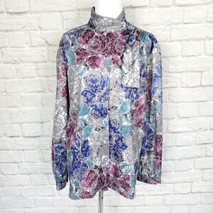 Vintage Blouse Polyester Gray Purple Floral Neck Tie Detail Fits a L/XL
